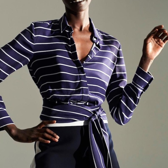 CLUB MONACO NAUTICAL BLUE STRIPE BLOUSE WITH TIE WAIST - Picture 1 of 7